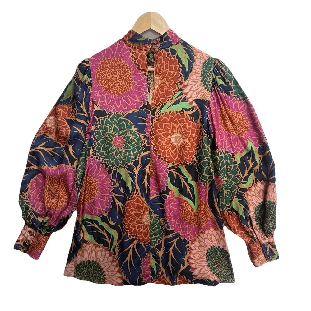 Farm Rio Floral Blouse XS Brazilian Designer Mock Neck Puff Sleeve Boho Statemen